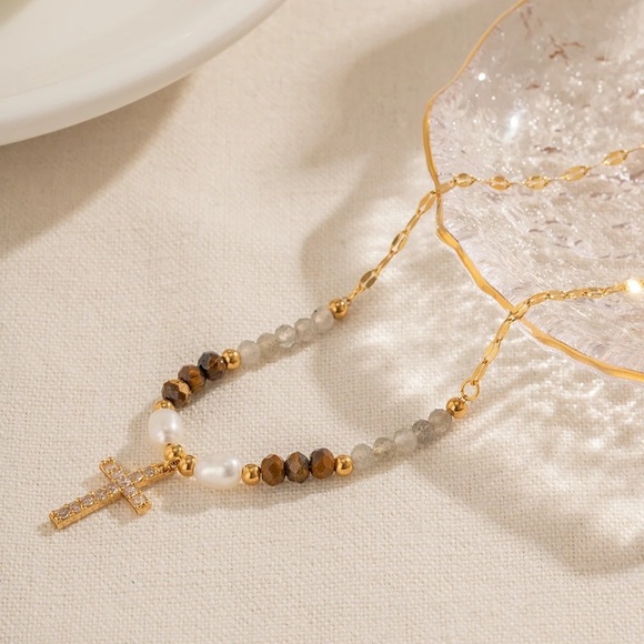 18k Gold Plated Gemstone Pearl Zirconia Cross Beaded Necklace - Picture 3 of 10